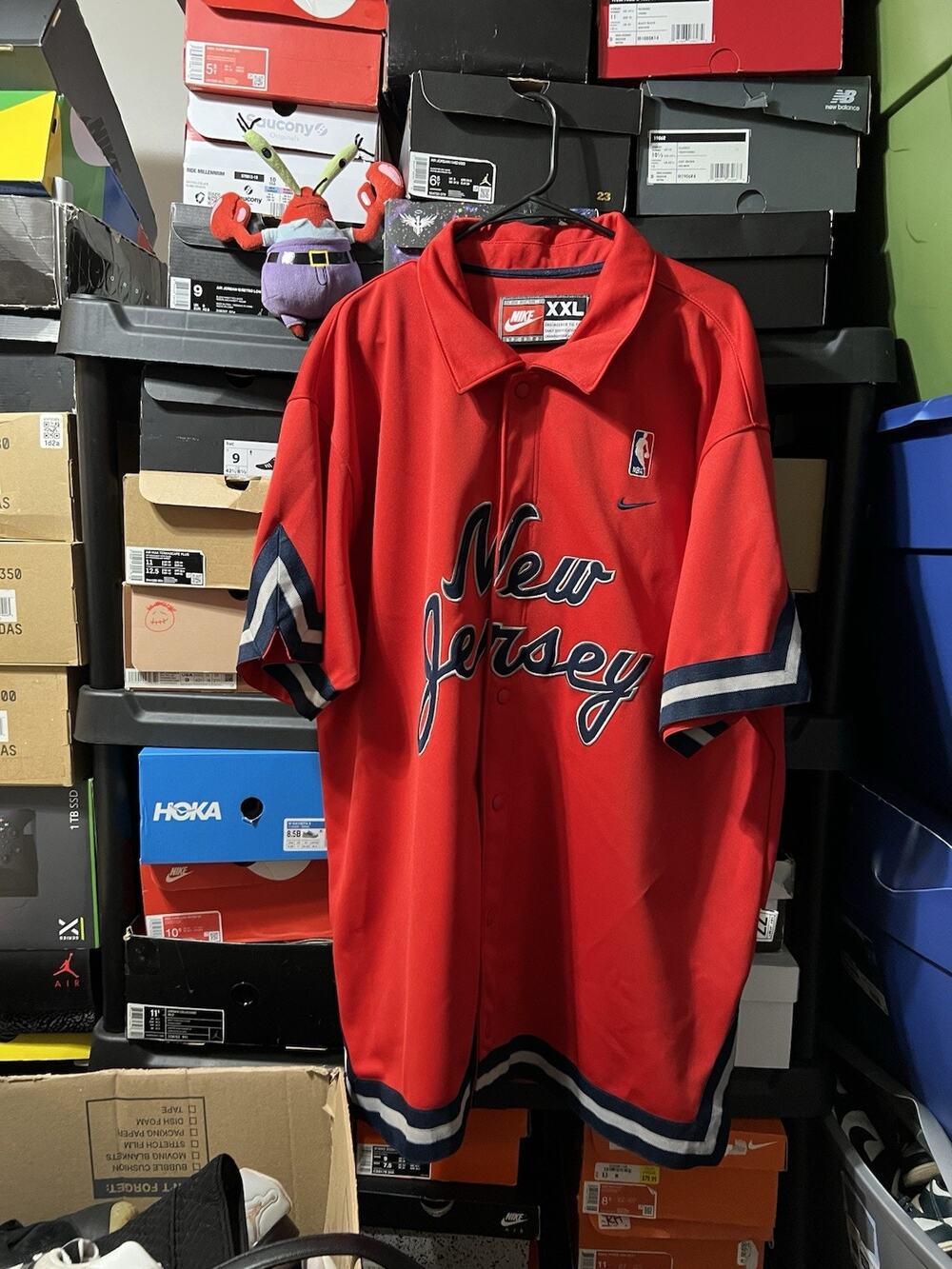 Size 2XL- VTG Nike New Jersey Nets Warm Up Shooting Shirt Red NBA Retro 77 SEWN